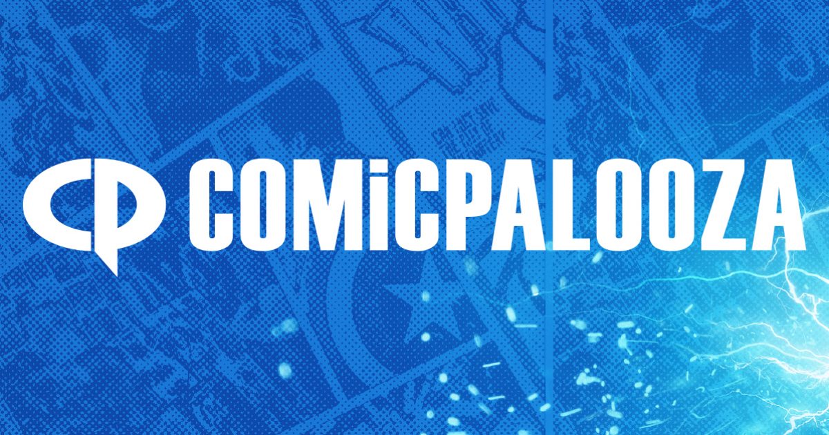 Comicpalooza convention logo on blue comic-book background